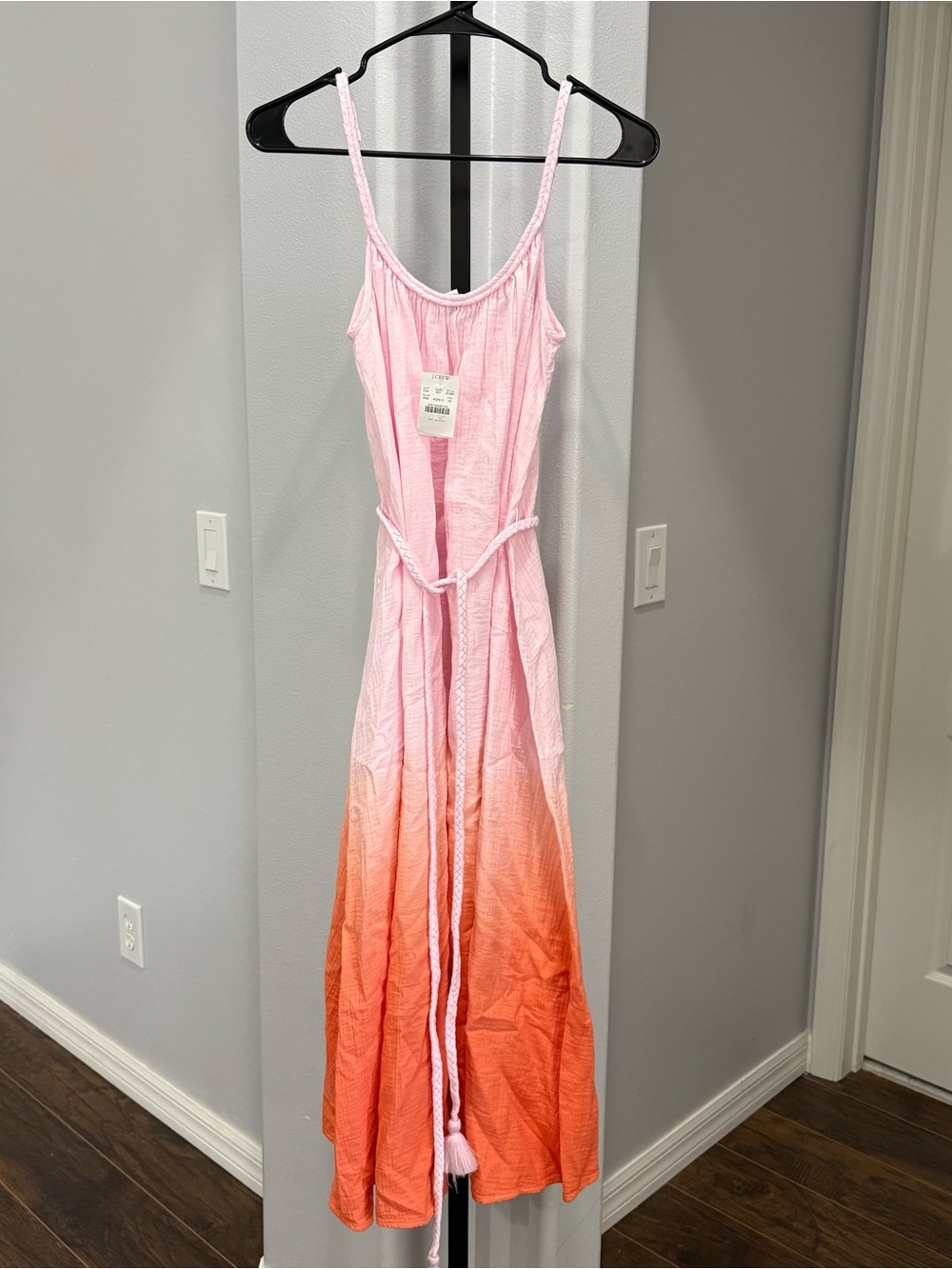 J. Crew Factory Pink to Orange Ombre Midi Dress Gauze Braided Vacation NWT XS - Picture 2 of 7